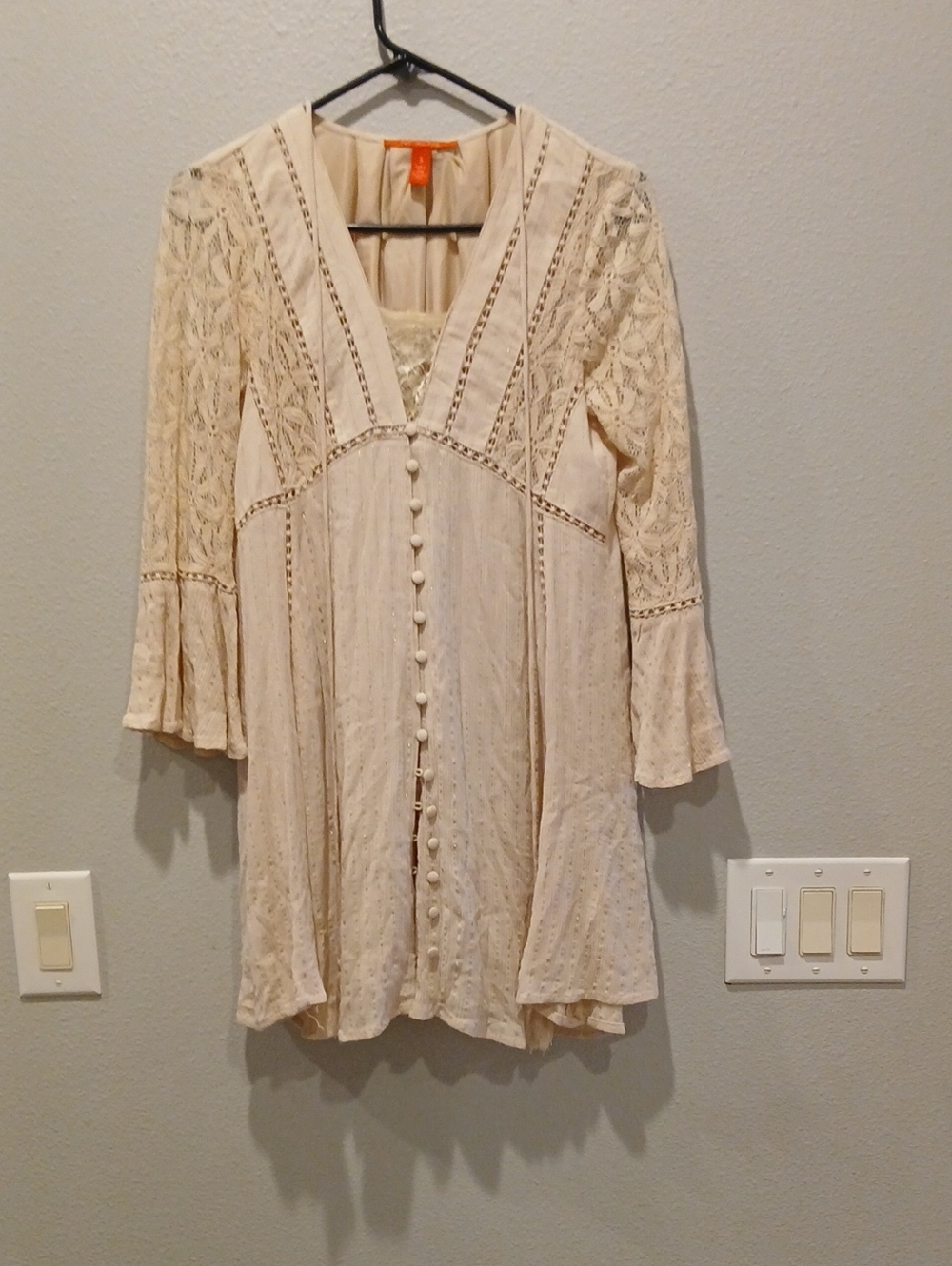 C &V SMALL Cream Lace Button-Front Boho Tunic MINI DRESS PARTY